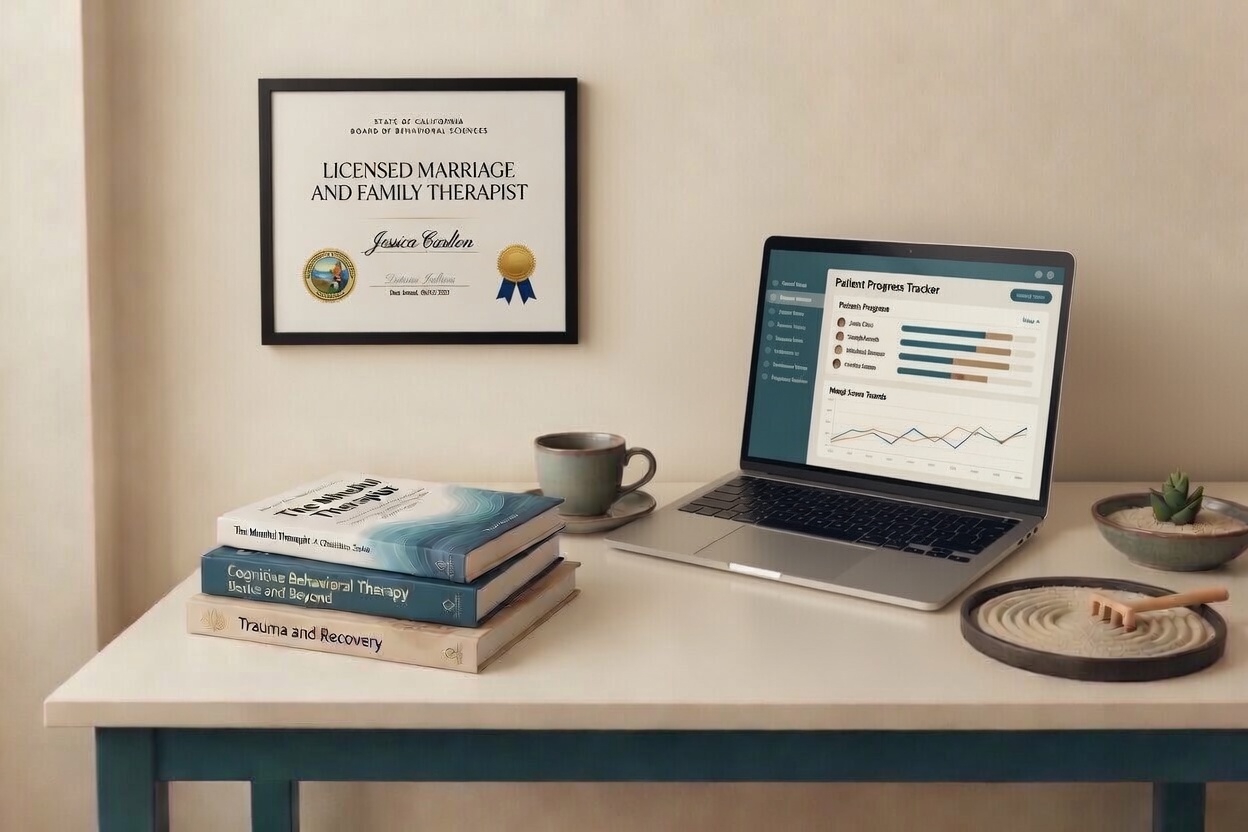 Therapy office desk with books and laptop displaying a patient progress tracker